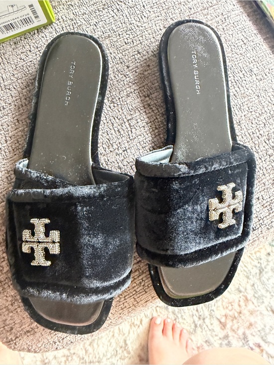 Tory Burch Shoes - Tory Burch Black and Beige Leather Slide Sandals